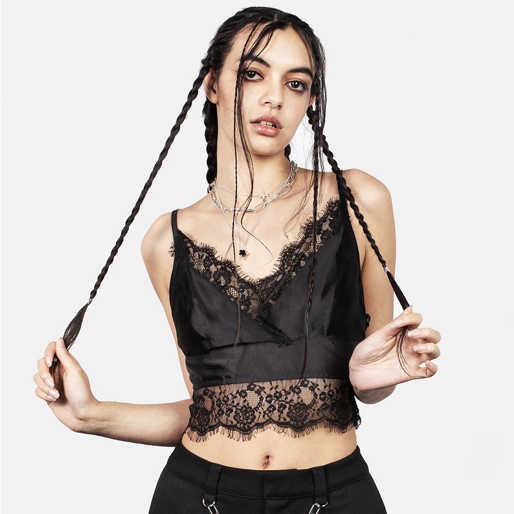 Disturbia Akasha Crop Lace Trim Bralet- black satin and lace tank top plus size